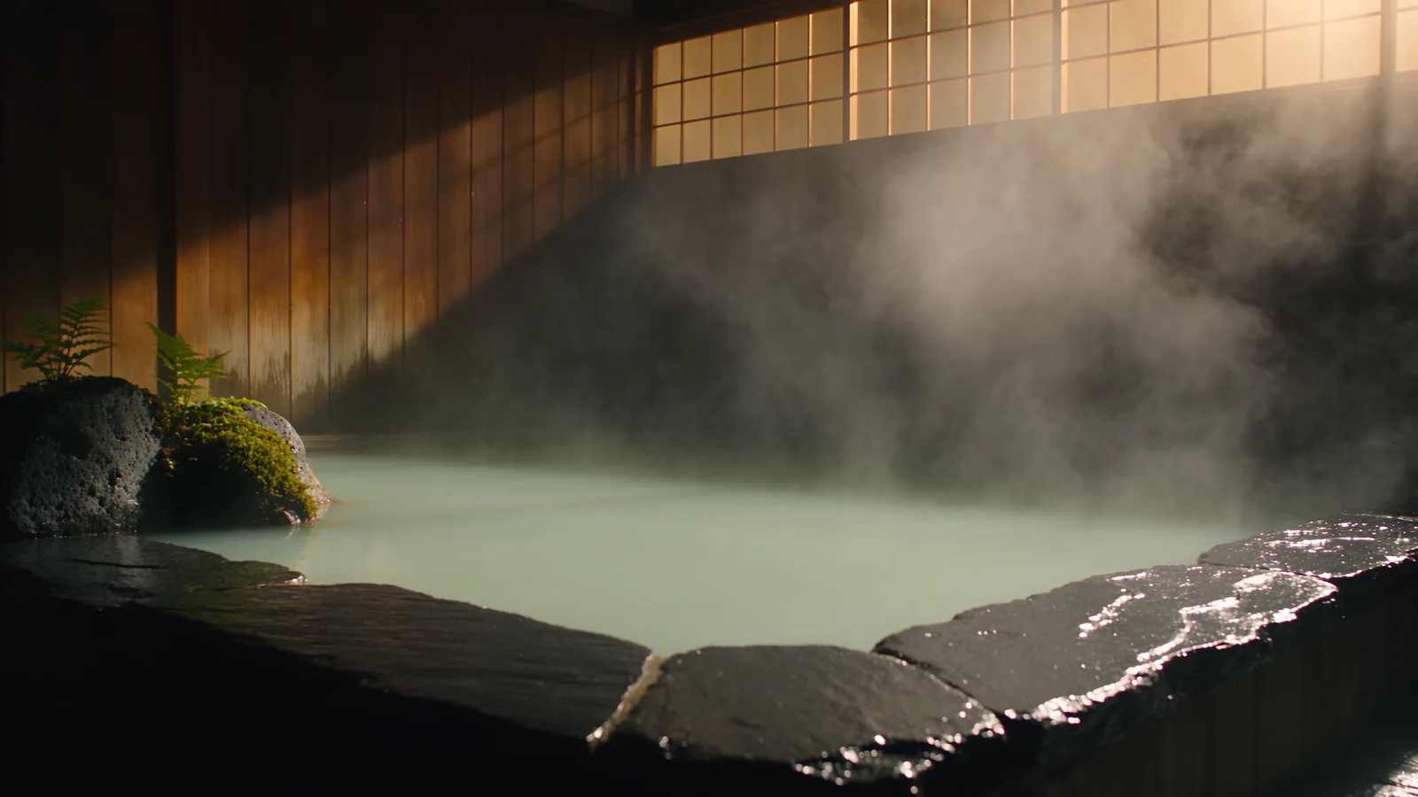 Steam rising off a milky hot-spring pool in a wooden bathhouse, light coming through paper screens